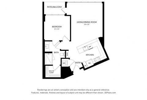 Floor plan for 1 bed, 1 bath, 746 sqft